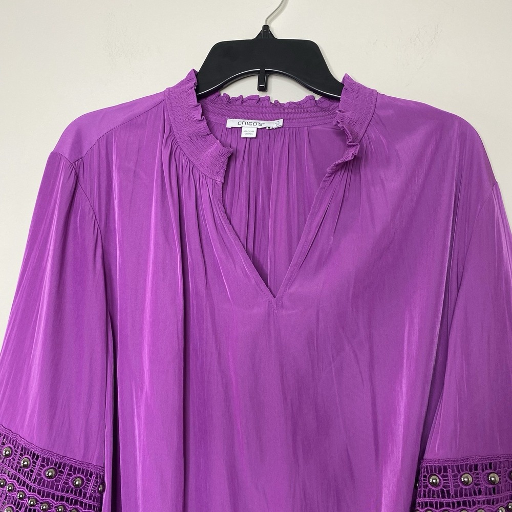 Chico's‎ Blouse 4 XXL Purple Tunic Top Mesh Studded Sleeve Ruffle Cuff V Neck - Picture 3 of 16